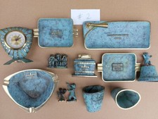 Großes Schreibtischset Nr. 2 Mercedes Tischuhr Vintage Messing grün patiniert 