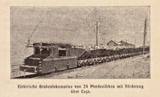 Elektrische Grubenbahn anno 1902 Lokomotive 24 PS m. Förderzug - Hist. Abb. 1902