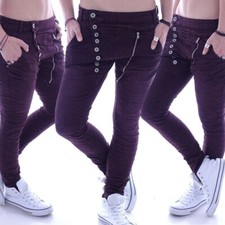 Damen Boyfriend Jeans Chino Baggy Harem Hose Hüftjeans Weinrot Pumphose B8