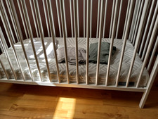 Babybett mit Matratze,  weiß,  fast neu mit Laken und Betteinlage