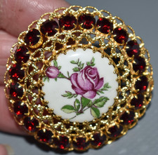 Vintage Brosche Porzellan Rund Rosen Motiv 4,5 cm