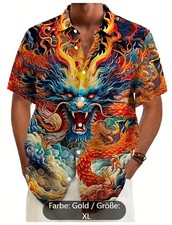 HERREN HEMD - "GOLD DRACHEN" (bunt) All Over Print / XL / Polyester  NEU