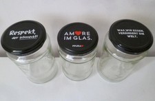 3x Einmachgläser Marmeladengläser 350-400ml  Deckel Schwarz Spruch Amore im Glas