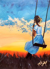 Girl on Swing Sunset Painting