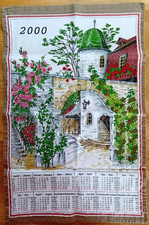 Vintage Geschirrtuch Küchentuch - Kalender 2000 Burg Blumen Rosen Wein unbenutzt
