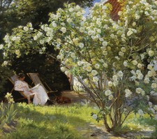 Roses. Marie Kroyer seated in the deckchair in the garden Garten B A3 03058