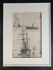 Kleine alte maritme Bleistiftzeichnung unter Glas - aus einer Galerieauflösung