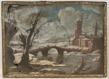 Winterlandschaft am Schloss Ölgemälde unsigniert 1.Hälfte 19.Jhd (BG2755)