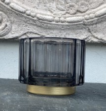 Windlicht Glas Facetten Art Déco Schiefergrau Goldrand Rosebowl