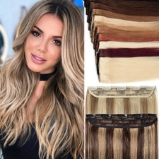 Haarteil Clip In Extensions Echthaar DICK Haarverlängerung Ein-Tresse 5 Clips DE