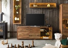 TV Lowboard Baumrinde Fernsehtisch Landhaus Vintage Holz massiv LED Beleuchtung