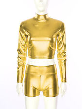 Damen Metallic T-Shirt Langarm Kurzes Top Glänzend Shirts Bauchfrei Oberteile