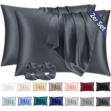 Satin Kissenbezug 40x60 Dunkelgrau Weich Seideoptik 2 Stück mit Haargummis