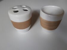 Beige Weißer gestreifter Zahnbürstenhalter Und Zahnputzbecher Unbenutzt