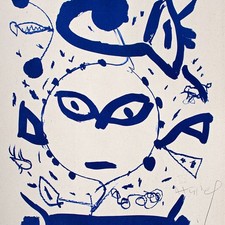 Horst Hussel Kopf Algraphie in Blau 1998 signiert getöntes Papier