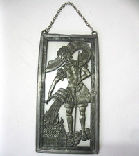 Altes Fensterbild aus Zinn und Glas Hl. Florian Schutzpatron Zinnbild 8,5 x 17cm