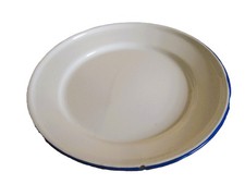 Teller Blechteller - Emaille - weiss mit blauem Rand - ⌀ 22cm - Vintage