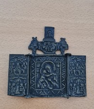 Alte Reise Ikone aus Bronze Triptychon