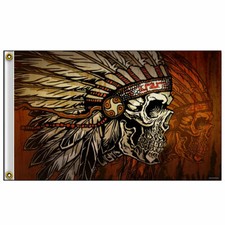 Chopper Biker Motorrad Idian Head Indianer Skull Federn Flag Flagge Fahne Banner