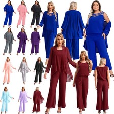 DE Damen Chiffon Hosenanzug Hochzeit Outfit Cardigan Tank Top Shirt Lange Hose