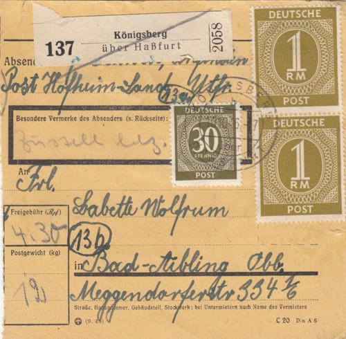 Paketkarte 1946 königsberg - paketkarte, 1946: