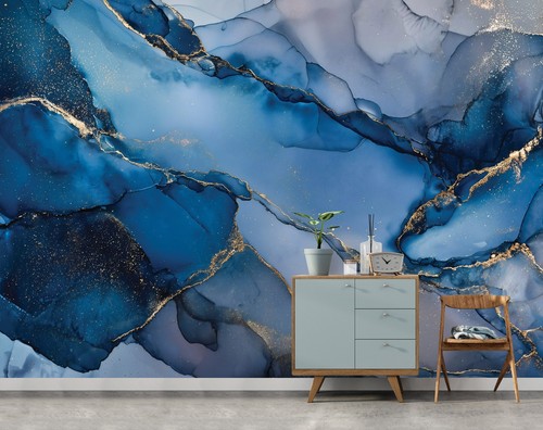 Fototapete marmor blau gold - blau,