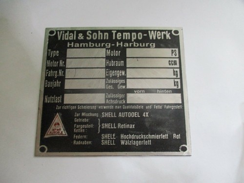Typenschild tempo vidal sohn - vidal, &