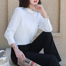 Damen Chiffon Shirt Satin Top Perlen Business Formell Pullover Plissee Bluse Chic