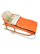 Holzschlitten Rückenlehne & Zugseil + Winterfußsack mit Wolle 108cm Kombi-Set