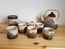 ?hübsches Teeservice mit Bäumchen-Motiv Steingut (?) Kanne + 7 Tassen?#f86