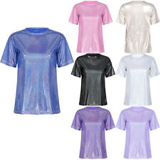 Damen Metallic Kurzarm T-Shirt Rundhal Glänzend Shirts Tanz Party Rave Oberteile
