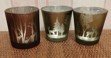 3 Herbstliche Winterliche Glas Teelichthalter - Silber Braun Oliv - Hirsch Baum