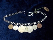 Taschenuhrkette, Uhrkette, Münzkette, 7 Umlaufmünzen Dänemark, Kette/Karabiner