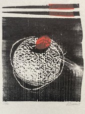 Holzschnitt A.Büssow 2003 Japanisches Frühstück handsignierte Original Grafik