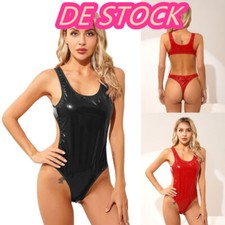 DE~Damen Lackleder Bademode Tank Bodysuit Wet Look Badeanzug Open Back Catsuit