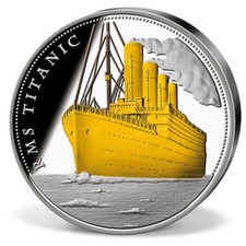 XXL MEDAILLE - Schiff RMS Titanic - 70 MM - MIT GOLD APPLIKATION - SILBERAUFLAGE