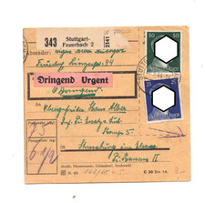 DT. REICH EIL PAKETKARTE 1944 STUTTGART-FEUERBACH  3 X NR. 796 ,793 STRASSBURG