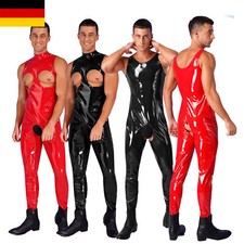 DE Herren Wetllook Bodysuit Leotard Kunstleder Overall Catsuit Nachtclubwear