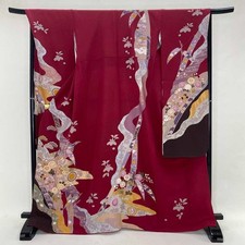 Japanischer Kimono SEIDE "FURISODE" Langarm Hellrot Schwarz 3402