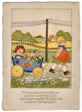 Künstler-AK Geburtstag v. Margret Savelsberg / Mädchen mit Bollerwagen