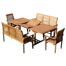 TEAK Gartengarnitur Ausziehtisch 150-210cm x 90cm, 2 Alpen Sessel, 2 Bänke 150cm