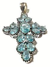 AQUAMARIN  EDELSTEIN HANDGEFERTIGT 925 STERLINGSILBER KREUZANHÄNGER
