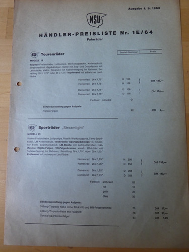 Original nsu preisliste 1964 - nsu,
