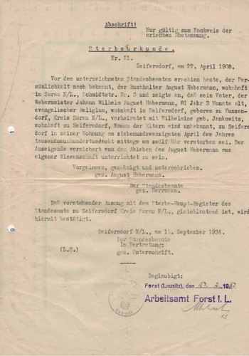 Abschrift einer sterbeurkunde - abschrift,