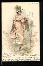 Lithographie Dame im Blumenkleid mit Hut, Jugendstil 1901 