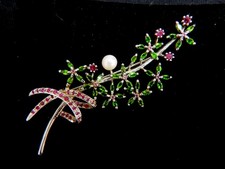 Große Rubin- Perle- Chromdiopsid -Brosche Blütenzweig 925 Silber