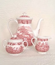 Adams English Scenic Rot Pferde: Kaffeekanne Zuckertopf Milchkännchen Rarität 1