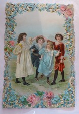 Oblaten scrap die cut chromo XL Prägebild Mädchen Junge  Rosenrand 30cm