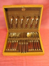 Vintage BHP Besteck Set Rosenholz & Bronze 6 Personen mit Holzkassette 24 Teile
