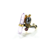 Silberschmiede-Damenring - Amethyst + Rubellith + Hämatit - 925 Sterling Silber